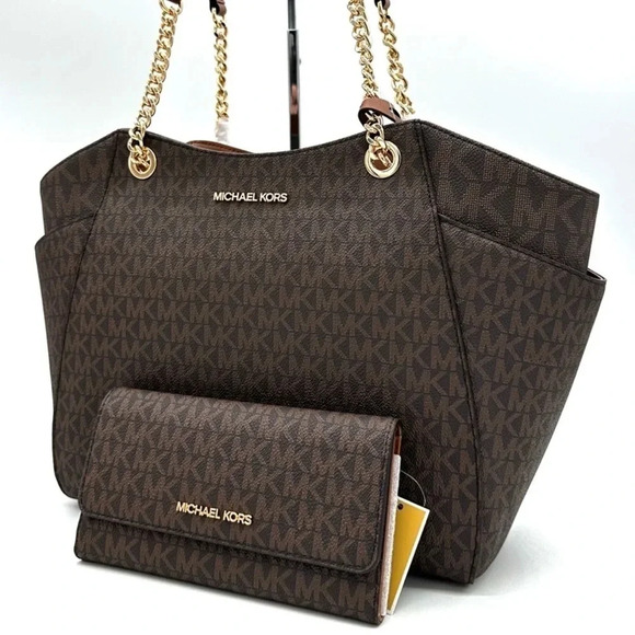 Michael Kors Large Jet Set Travel Chain Shoulder Bag & Trifold Wallet Brown - Picture 1 of 14